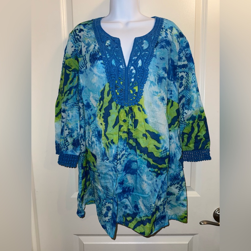 Jones NY Signature Embroidered Blue and Green Women's Top Size 2X 100% Cotton